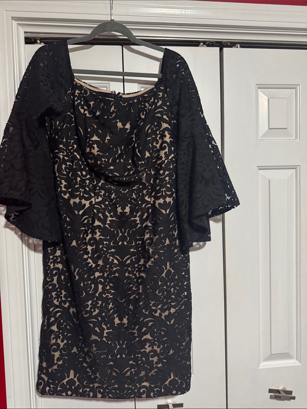 Xscape Black Lace Overlay Dress with Nude Underlay